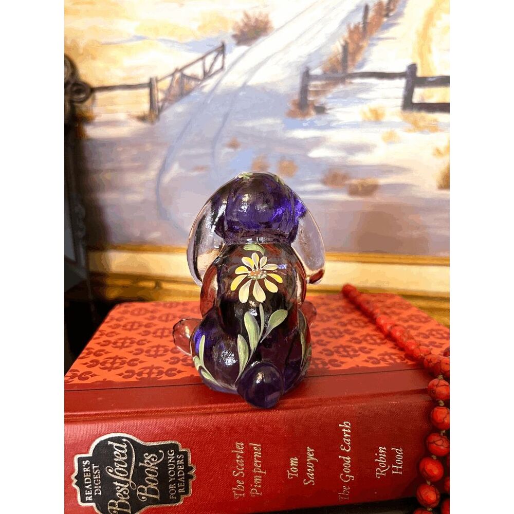 Vintage Fenton Amethyst Glass Bunny Figurine, Hand Painted Floral Rabbit by P Ja - Picture 5 of 5